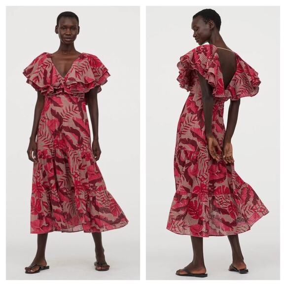 NWT Johanne Ortiz X H&M Maxi Dress XS Floral Eyelet Embroidered Ruffle Pink - Picture 2 of 16